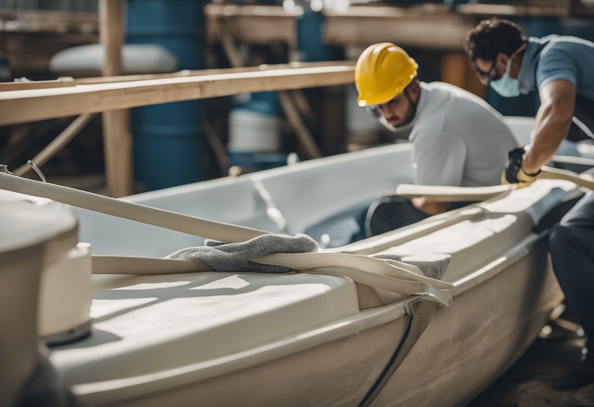 A fiberglass boat being repaired with resin and fiberglass cloth, sanding tools and safety equipment scattered around the work area